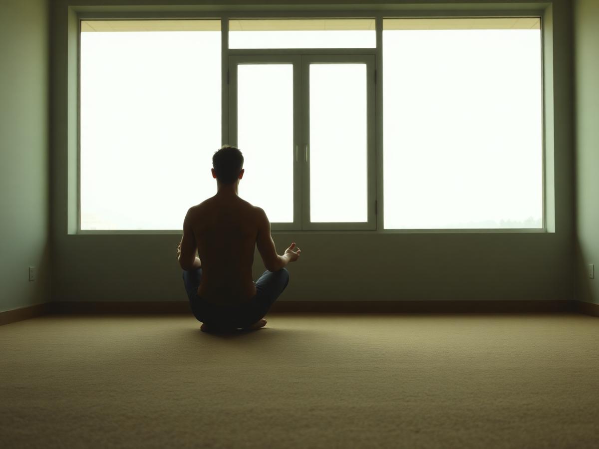 Člověk sedící se zkříženýma nohama v meditaci u světlého okna